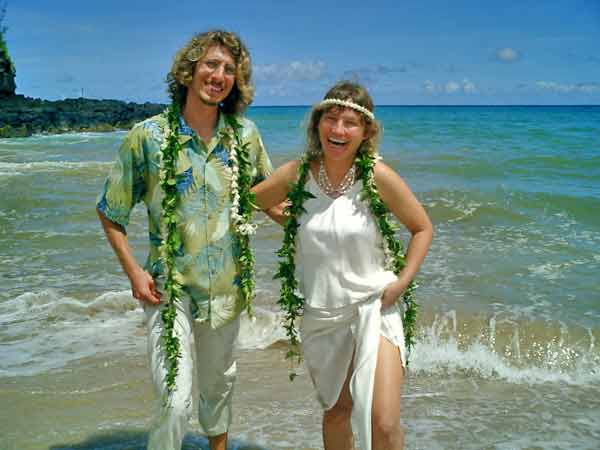 Sonja and Andy at our wedding wearing leis