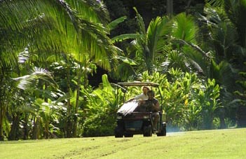 Andy and John riding in the golfcart